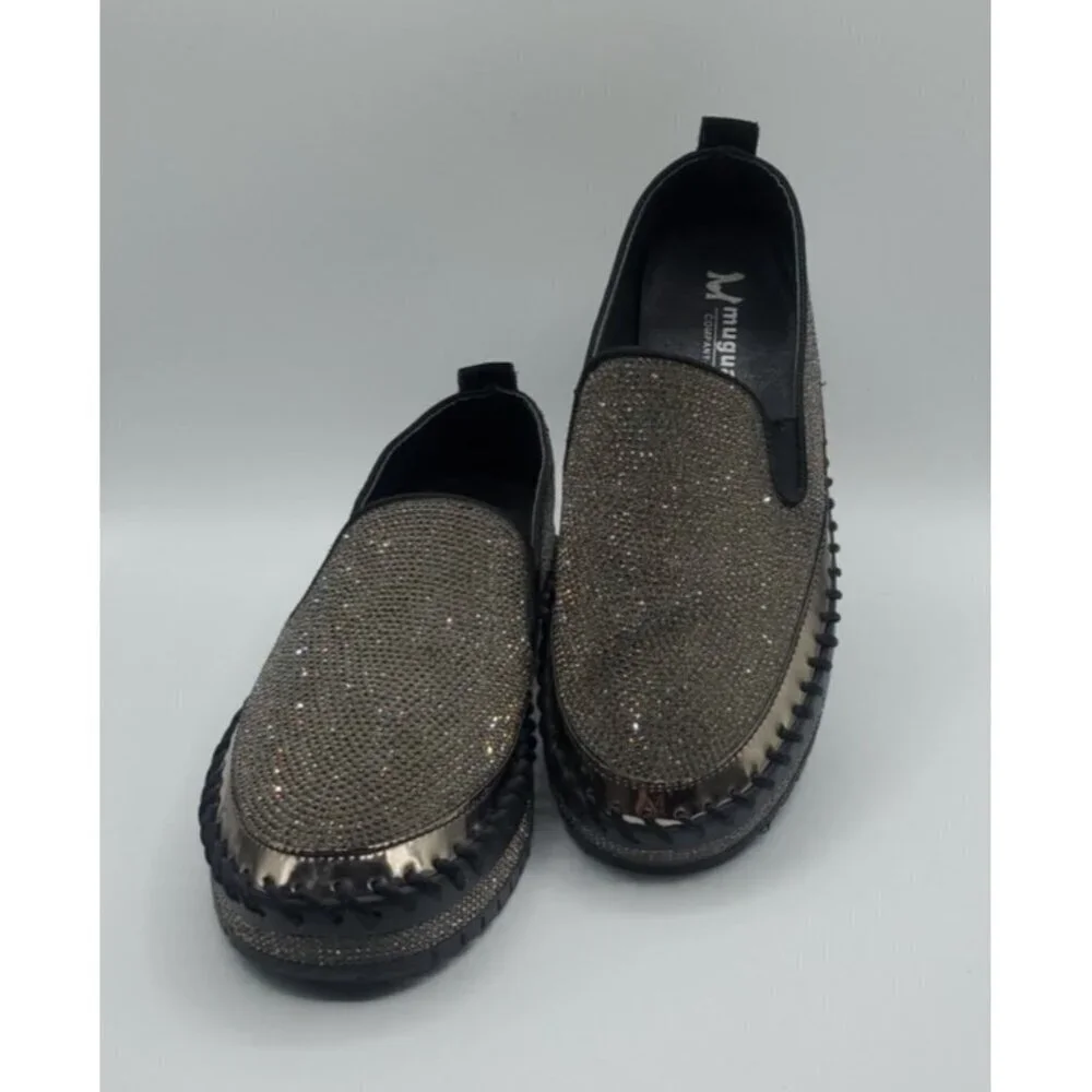 MUGUAN COMPANY 1997 Black Silver Jeweled Slip On Flats Size 250 = 8,5 US